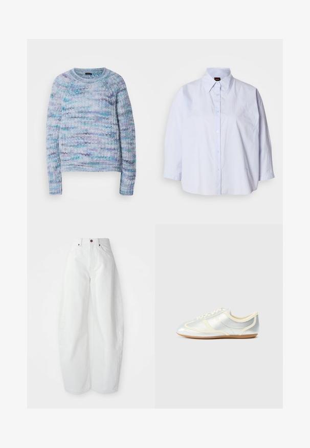 Suéter de punto en azul claro, violeta y aqua con una superficie texturizada, cuello redondo y puños de canalé. Sin cierres visibles.; Camisa azul claro con cuello y cierre de botones en la parte delantera, mangas raglán y tejido liso resistente a las arrugas. Presenta un bordado sutil en el dobladillo.; Pantalones de mezclilla blancos de tiro alto con un corte holgado. Presentan un cierre de botón, bolsillos laterales y un diseño minimalista. Textura suave.; Zapatillas sintéticas plateadas con detalles en crema, perfil bajo, puntera redonda y suela de goma plana; cuentan con costuras clásicas y cierre de cordones.