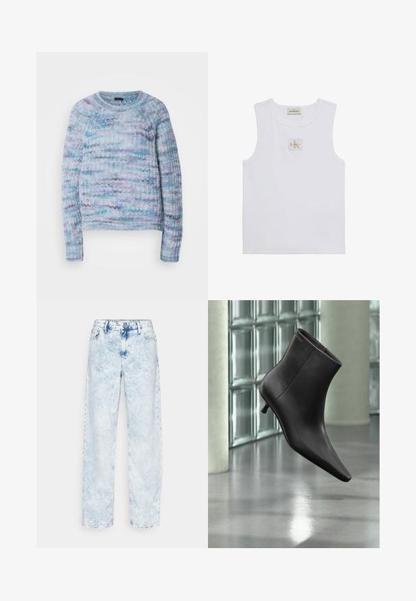 Gebreide trui in lichtblauw, violet en aqua met een gestructureerd oppervlak, ronde hals en geribbelde manchetten. Geen zichtbare sluitingen.; Witte mouwloze tanktop met Calvin Klein Jeans-label op de borst en een labeltje bij de halslijn op een effen witte achtergrond.; Calvin Klein Jeans 90'S STRAIGHT - Straight leg jeans - denim light; Zwarte leren enkellaars met puntige neus en lage hak, afgebeeld tegen een glazen blokkenmuur en gepolijste vloer op de achtergrond.