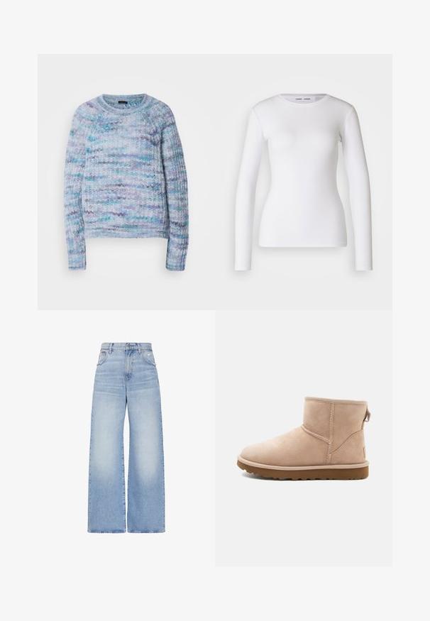Gebreide trui in lichtblauw, violet en aqua met een gestructureerd oppervlak, ronde hals en geribbelde manchetten. Geen zichtbare sluitingen.; Witte longsleeve shirt van ribstof, met een ronde halslijn en een getailleerde vorm. Er zijn geen patronen of accenten aanwezig.; Lichtblauwe high waist jeans met wijde pijpen, voorzien van een knoop- en ritssluiting aan de voorkant, zakken aan de voor- en achterkant, en een lichte distressed uitvoering op de rechterzak.; Beige suède enkellaars met een ronde neus, gestikte accenten en een gestructureerde bruine rubberen zool. Beschikt over een trekband aan de achterkant.
