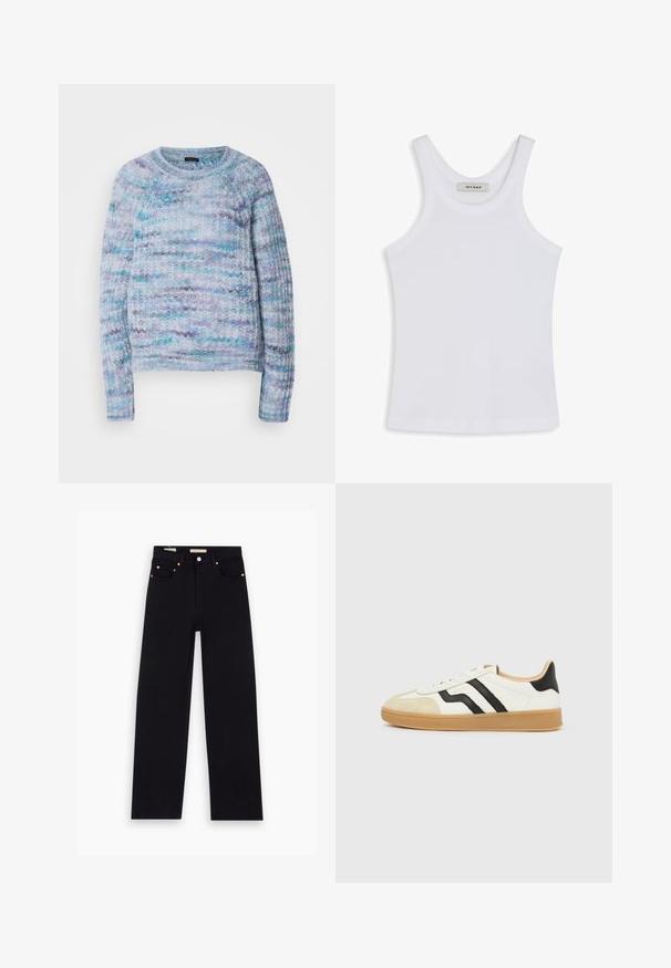 Gebreide trui in lichtblauw, violet en aqua met een gestructureerd oppervlak, ronde hals en geribbelde manchetten. Geen zichtbare sluitingen.; Witte tanktop van gladde stof, met een ronde halslijn en brede schouderbanden, met een label binnenin waarop "IVY OAK" staat.; Zwarte denim jeans met een recht model, vijf zakken, koperen hardware en een gladde textuur. Twee labels zichtbaar op de tailleband.; Witte sneaker met beige neuskap, zwarte zijstrepen, lichtbruine zool en een lage snit.
