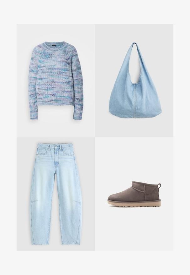 Gebreide trui in lichtblauw, violet en aqua met een gestructureerd oppervlak, ronde hals en geribbelde manchetten. Geen zichtbare sluitingen.; Lichtblauwe denimjeans met een ontspannen pasvorm, voorzien van een hoge taille, vijf-pocketontwerp en subtiele vervaging met rafelige zoomdetails.; Lage, bruin suède instapschoen met een textuurrijke zool en trekkoord op een effen achtergrond.; Lichtblauwe denim schoudertas met een brede band en een zichtbare centrale naad, afgebeeld tegen een effen lichtgrijze achtergrond.