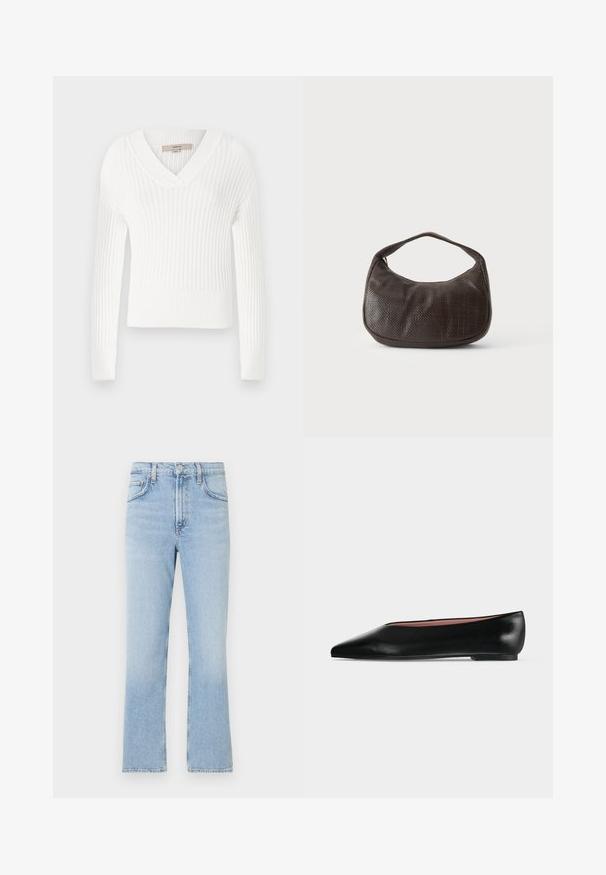 Pull en tricot côtelé blanc avec un col en V, des manches longues et une coupe courte ; présente une finition texturée et des poignets ajustés.; Jean en denim bleu clair avec une coupe droite, taille haute et décoloration subtile. Il présente un style classique à cinq poches et une fermeture éclair.; Chaussure plate en cuir noir pour femme, avec bout pointu et petit talon, vue de côté sur un fond gris clair uni.; Petit sac à main marron foncé texturé avec une courte bandoulière et un fond arrondi sur un fond clair uni.