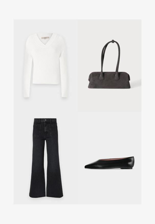 Suéter blanco de punto acanalado con escote en V, mangas largas y diseño corto; presenta un acabado texturizado y puños ajustados.; Jeans negros de cintura alta y pernera acampanada con trabillas para cinturón, botón delantero, cremallera y dos grandes bolsillos parche delanteros sobre fondo blanco.; Zapato plano negro de cuero para mujer con punta puntiaguda y tacón bajo, mostrado de lado sobre un fondo liso gris claro.; Bolso rectangular de ante gris oscuro con dos asas largas y cierre de cremallera sobre un fondo claro.