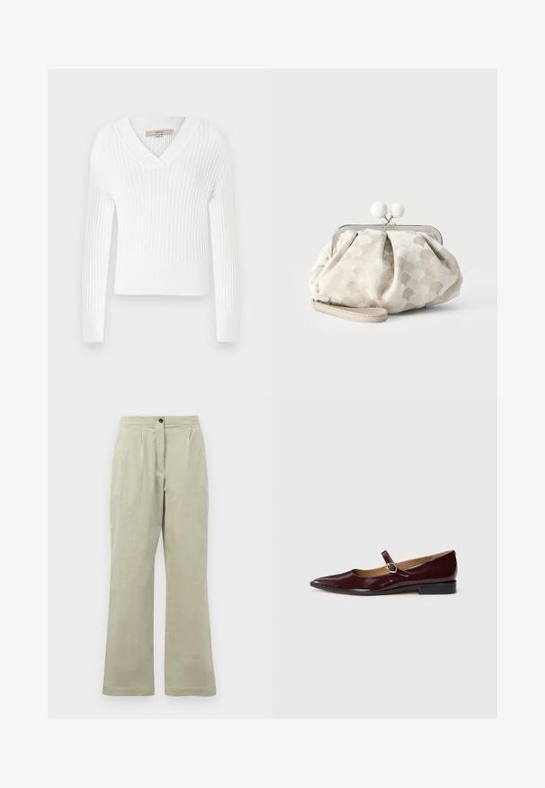 Pull en tricot côtelé blanc avec un col en V, des manches longues et une coupe courte ; présente une finition texturée et des poignets ajustés.; Pantalons larges vert clair en tissu doux, dotés d'une fermeture à bouton à l'avant, de plis et d'un ourlet net.; Ballerines en cuir verni bordeaux de type Mary Jane avec un bout pointu, un talon plat et une sangle décorative avec une boucle circulaire.; Petit sac pochette beige avec tissu texturé à pois, cadre argenté, fermoir rond blanc et bracelet de poignet amovible sur fond uni.