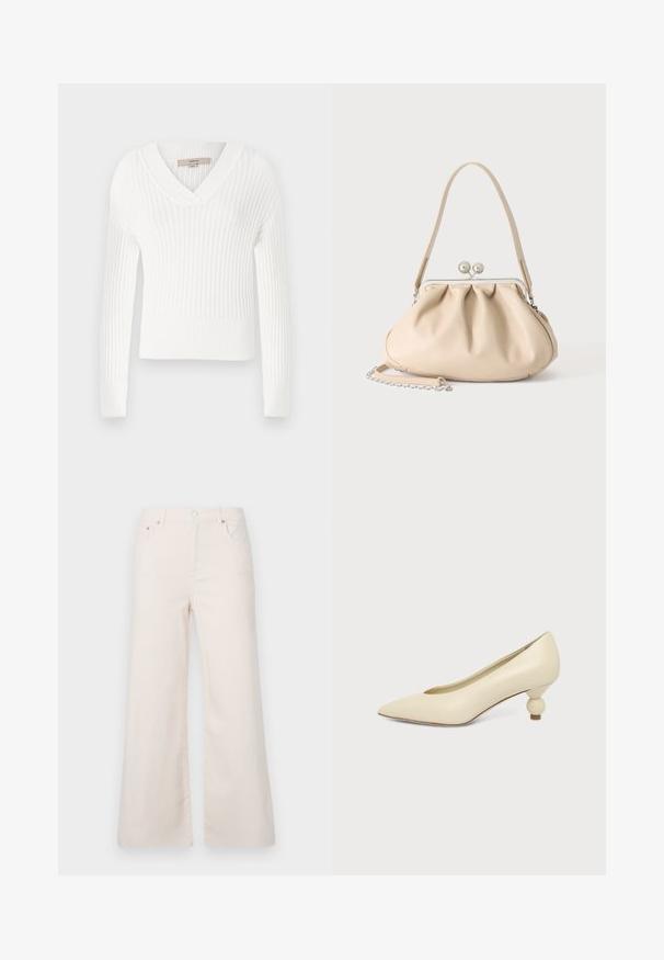 Pull en tricot côtelé blanc avec un col en V, des manches longues et une coupe courte ; présente une finition texturée et des poignets ajustés.; Pantalons en denim beige clair à jambes larges, taille haute, avec cinq poches et une fermeture à bouton à l'avant. Texture lisse, détails de couture minimalistes.; Chaussure femme couleur crème à bout pointu avec un petit talon rond en forme de boule, sur fond uni.; Sac à main en cuir souple beige avec un fermoir en métal argenté, une bandoulière simple et une bandoulière chaîne optionnelle sur fond blanc.