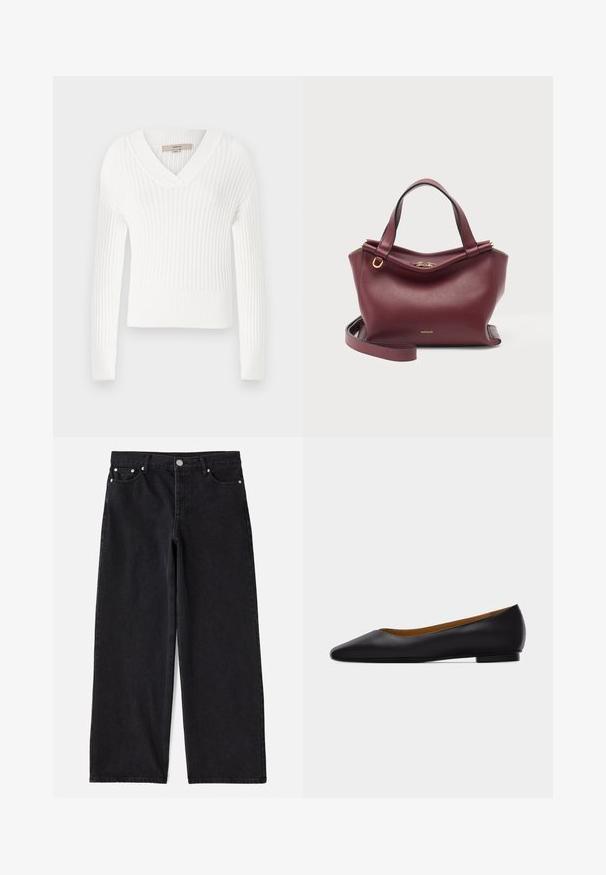 Hvid ribbet striktrøje med V-hals, lange ærmer og cropped design; har en struktureret overflade og tætsiddende manchetter.; Sorte denim wide-leg jeans med fem lommer, knaplukning og sølvhardware. Har en ren, skræddersyet silhuet og subtil tekstur.; Sort læder flad sko med spids tå, lav hæl og glat finish, vist fra siden på en lysegrå baggrund.; Mørkerød læderhåndtaske med to håndtag, en aftagelig skulderrem og guld lynlås og logodetaljer på hvid baggrund.