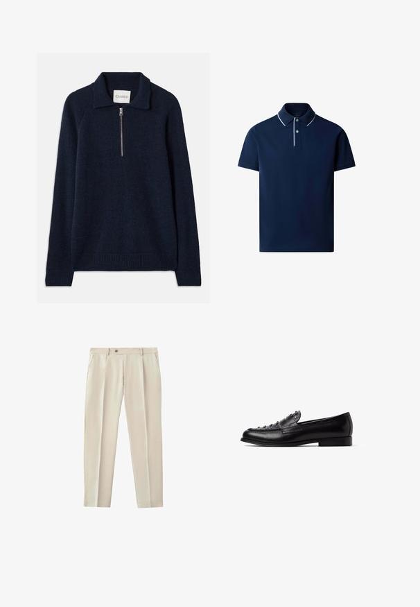 Mørkeblå pullovertrøje med lynlås krave, lavet af et blødt strikmateriale. Har raglanærmer og ribbede manchetter og søm.; Marineblå kortærmet polo-shirt med hvid kant på kraven og stolpelukningen, to knapper og et diskret broderet logo på brystet.; Beige skræddersyede bukser med forreste læg, sidelommer, bæltestropper og lukning med knap i taljen.; Sort læderloafer med rund tå, tekstureret design og dekorative nitter på overdelen. Har en lav hæl og en slank silhuet.