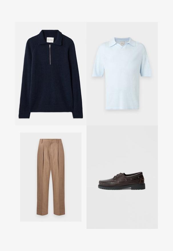 Mørkeblå pullovertrøje med lynlås krave, lavet af et blødt strikmateriale. Har raglanærmer og ribbede manchetter og søm.; Lyseblå kortærmet poloshirt med klassisk krave, vist mod en ensfarvet hvid baggrund.; Herre beige højtaljede, lige bukser med forplisseringer, bæltestropper og skjult lukkemekanisme foran.; Brune lædersko med krokodillestruktur, rund snude, snøredesign, sølvfarvede huller og en sort gummisål med greb.