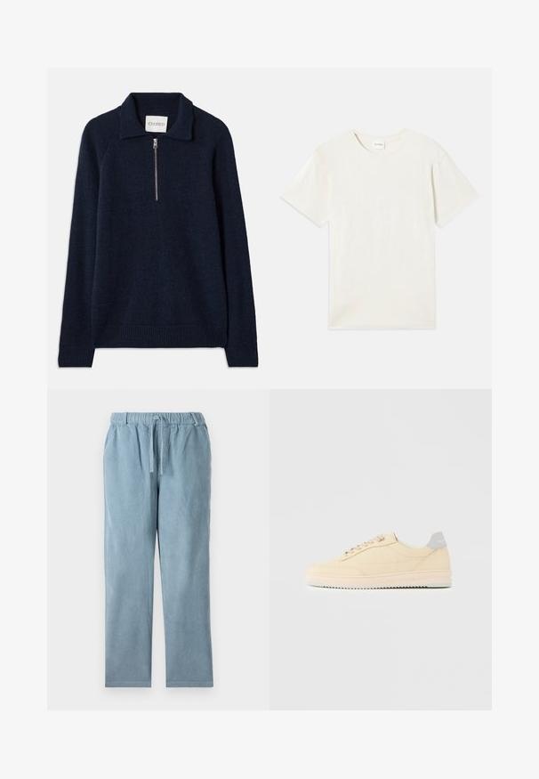 Navyblauwe pullovertrui met ritskraag, gemaakt van een zachte gebreide stof. Heeft raglanmouwen en ribgebreide manchetten en onderrand.; Korte mouwen, ronde hals t-shirt in licht beige, zachte katoenen textuur met een relaxte pasvorm en zonder zichtbare patronen of accenten.; Lichtblauwe corduroybroek met een elastische tailleband, trekkoord, rechte pijp en geribbelde textuur. Geen zichtbare zakken.; Beige lage sneaker met veters aan de voorkant, lichtroze zool en een grijze hieltab met het merk "Filling Pieces", zijaanzicht op een effen achtergrond.