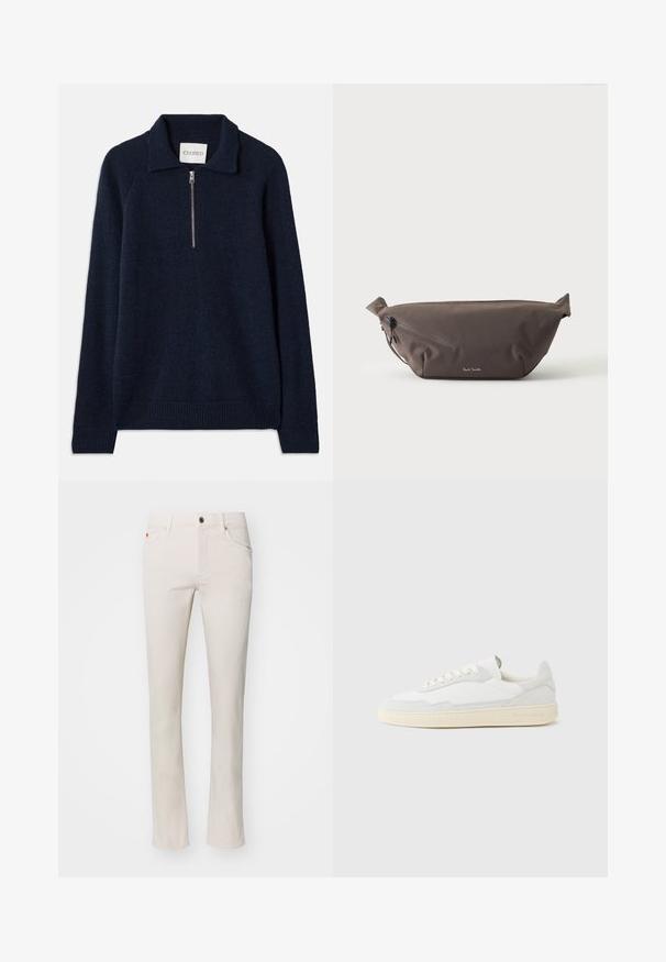 Navyblauwe pullovertrui met ritskraag, gemaakt van een zachte gebreide stof. Heeft raglanmouwen en ribgebreide manchetten en onderrand.; Beige straight-leg jeans gemaakt van een katoenmix. Voorzien van een traditionele vijfzakkenontwerp en een metalen knoopsluiting bij de taille.; Witte sneaker met een bovenwerk van gestructureerd suède en leer. Voorzien van een afgeronde neus, vetersluiting en een contrasterende beige rubberen zool.; Donkerbruine stoffen heuptas met diagonale ritssluiting en klein wit logo aan de voorkant, tegen een effen lichte achtergrond.