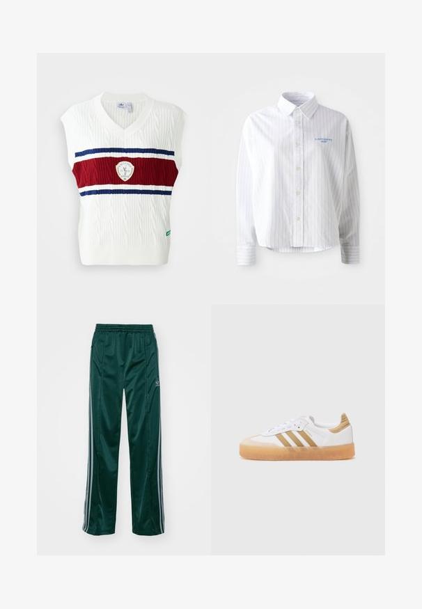 Chaleco sin mangas blanco con textura de punto trenzado, que presenta una banda a rayas roja y azul y un logotipo circular. Cuello y dobladillo acanalados.; Camisa blanca de botones con rayas verticales en azul claro, un cuello puntiagudo y un pequeño logo azul en el lado izquierdo del pecho. Tejido de algodón, corte relajado.; Pantalones deportivos de color verde oscuro, hechos de un material brillante, con franjas laterales en gris claro y un logotipo bordado en la pierna izquierda.; Zapatilla blanca con acentos en beige, que presenta tres franjas, una puntera redonda y una suela de goma translúcida. Materiales de cuero suave y textil.