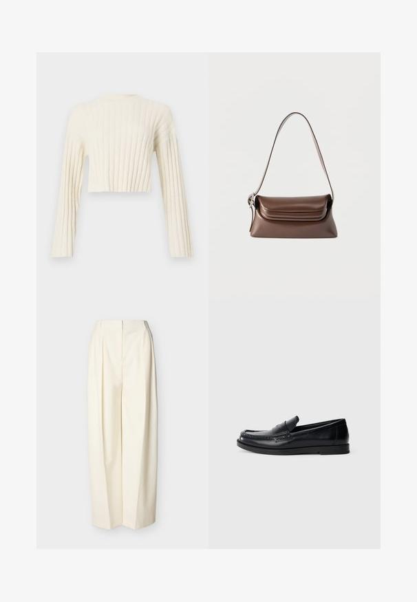 Pull créme court avec texture côtelée verticale, manches longues et un design rond simple au niveau du cou. Fini en tissu doux.; Pantalon crème à taille haute et jambes larges avec plis devant, fermeture éclair avant dissimulée et passants pour ceinture.; Mocassins en cuir noir avec un design d'accent cousu, bout rond, semelle plate en caoutchouc et finition lisse. Silhouette classique et polyvalente.; Sac à bandoulière en cuir marron avec une boucle argentée sur la sangle et un rabat à rabat, présenté sur un fond blanc.