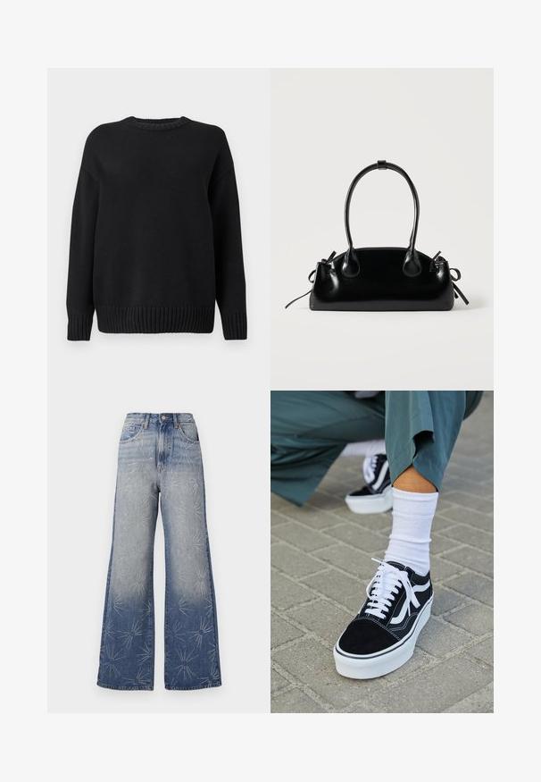 Pull en maille noir à manches longues avec col rond côtelé, poignets et ourlet, présenté sur un fond blanc uni.; Jean large en denim bleu clair, avec des motifs d'éclat argentés. Taille haute avec fermeture à bouton et design classique à cinq poches.; Baskets en suède noir avec des accents et des lacets blancs, présentant une épaisse semelle blanche et des coutures contrastantes, associées à une chaussette blanche.; Petit sac à main noir brillant avec deux longues anses et des détails à cordon sur les côtés sur un fond clair uni.