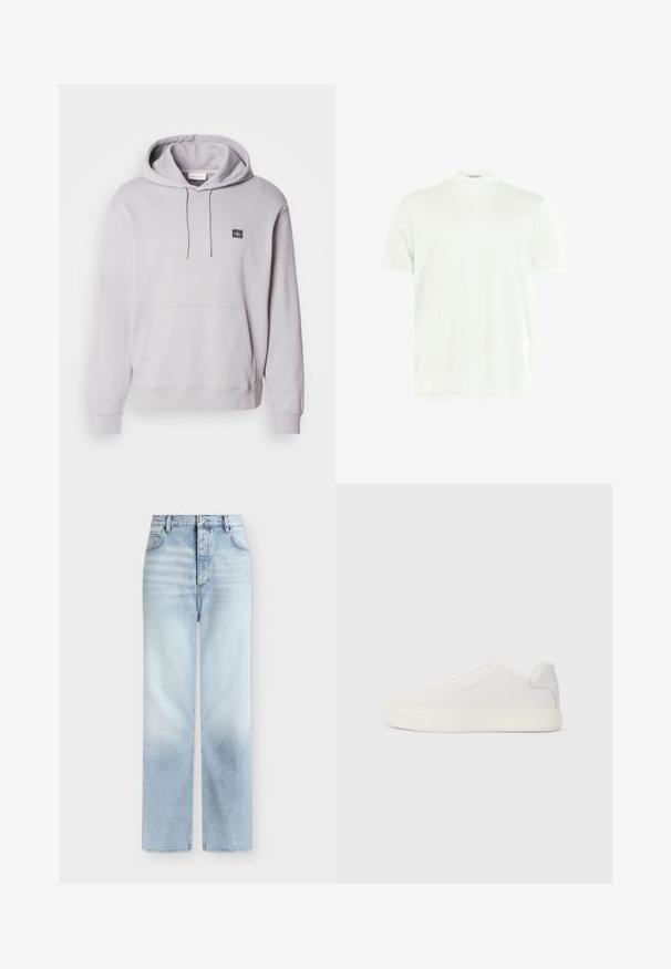 Sudadera con capucha de color gris claro, hecha de algodón, que presenta un bolsillo frontal, puños y un pequeño parche con logo en el pecho. Textura suave.; Camiseta blanca de cuello redondo hecha de tela suave. Mangas cortas, sin estampados. Diseño simple con dobladillo recto y detalles mínimos.; Vaqueros azul claro de talle alto y pierna recta con bolsillos delanteros, trabillas para cinturón y cierre de botón.; Zapatilla blanca con parte superior de sintético suave, punta redonda y suela blanca plana. Presenta costuras tonales y un branding minimalista en el costado.
