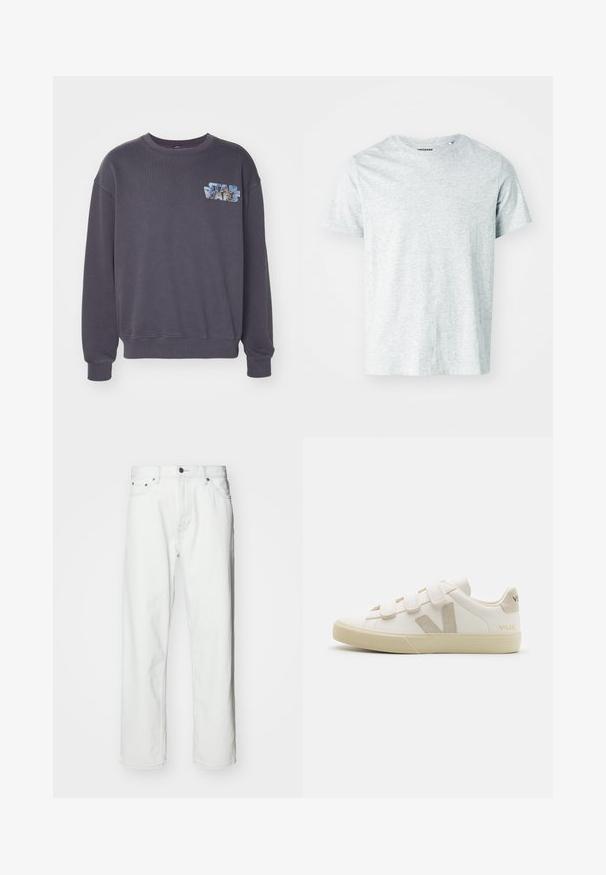 Grå sweatshirt med rund halsudskæring og ribbede manchetter. Har et fremtrædende "Star Wars" grafik i blå og lys blå nuancer på brystet.; Lys grå, kortærmet t-shirt lavet af blødt stof, med en rund hals og en let afslappet pasform. Ingen synlige mønstre eller grafik.; Hvide denimbukser med lige pasform, fem-lomme design, knaplukning og subtile syninger. Glat tekstur og minimalistisk stil.; Hvide lædersneakers med Velcro-remme, beige accenter, rund tå, tekstureret gummisål og prægede logo. Minimalistisk design.