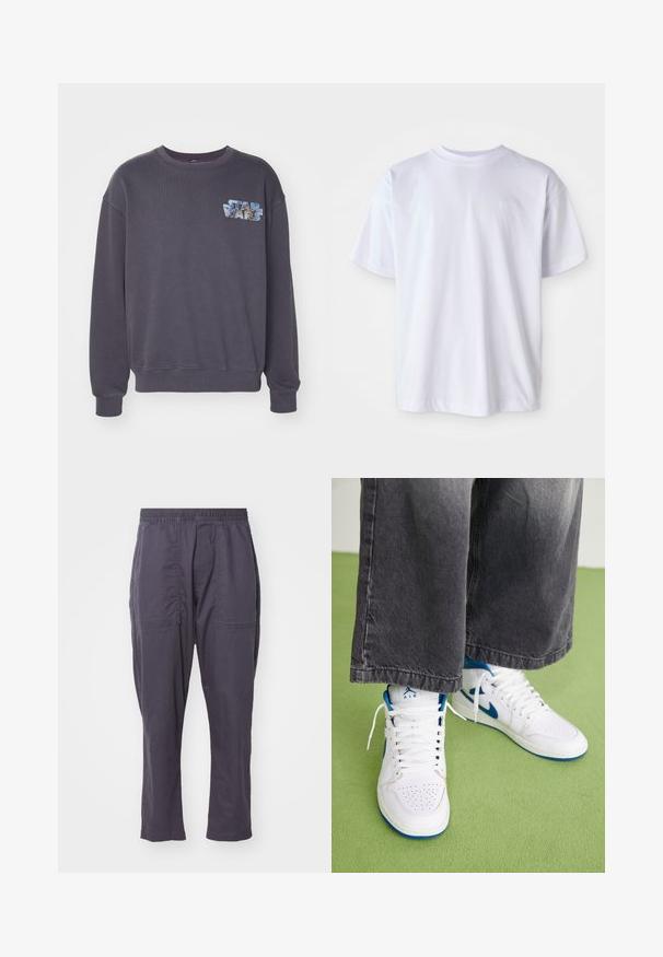 Grå sweatshirt med rund halsudskæring og ribbede manchetter. Har et fremtrædende "Star Wars" grafik i blå og lys blå nuancer på brystet.; Hvid bomulds T-shirt med rund hals og korte ærmer. Har et diskret logo broderet i matchende farve på venstre bryst.; Mørkegrå, letvægtsbukser med elastisk talje, to frontlommer, lige ben-design og en glat tekstur.; Hvide højtop sneakers med blå accenter, perforeret tå boks og hvide snørebånd. Båret med løse grå denim bukser på en grøn overflade.