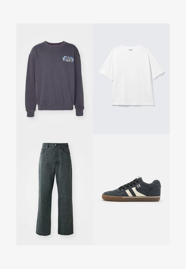 Grå sweatshirt med rund halsudskæring og ribbede manchetter. Har et fremtrædende "Star Wars" grafik i blå og lys blå nuancer på brystet.; Hvid oversized t-shirt med korte ærmer og rund halsudskæring med sænkede skuldre, fladt lagt på lys grå baggrund.; Bredde ben mørkegrå jeans lavet af denim, med høj talje, fem-lomme design og en subtil distressed tekstur.; Mørkeblå ruskinds sneakers med cremefarvede striber, sorte snørebånd og en brun gummisål. Har polstret krave og logo på siden.