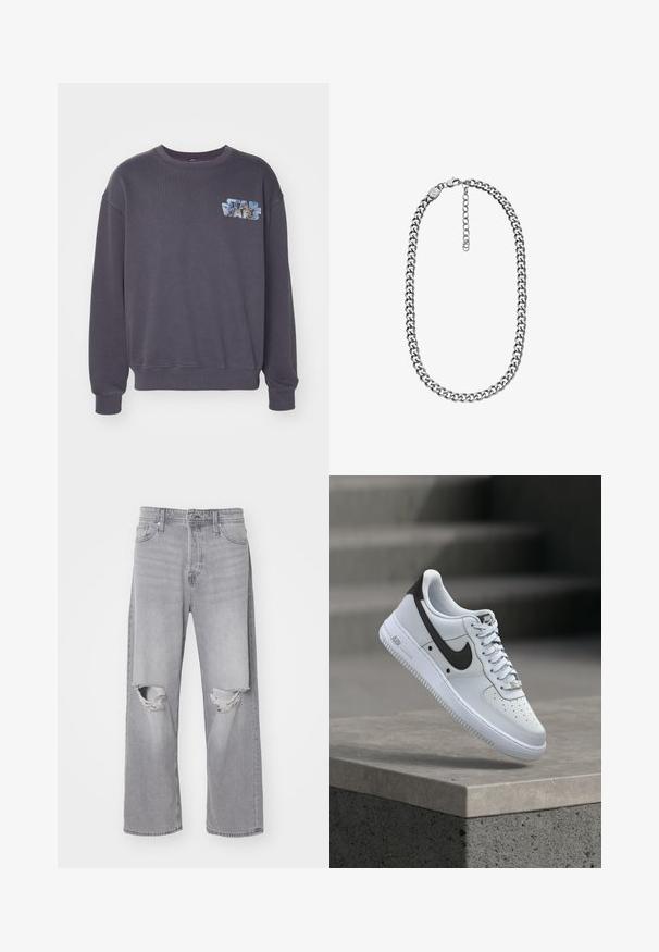 Grå sweatshirt med rund halsudskæring og ribbede manchetter. Har et fremtrædende "Star Wars" grafik i blå og lys blå nuancer på brystet.; Lys grå denim jeans med høj talje, brede ben og slidte knæ-huller; klassisk fem-lomme design og metalknaplukning.; Hvid Nike Air Force 1 sneaker med sort swoosh-logo, svævende over en betonforkant med slørede trapper i baggrunden.; Smykke med sølvfarvet curb-kæde med en lås med hummerlås og justerbar forlængerkæde på en hvid baggrund.