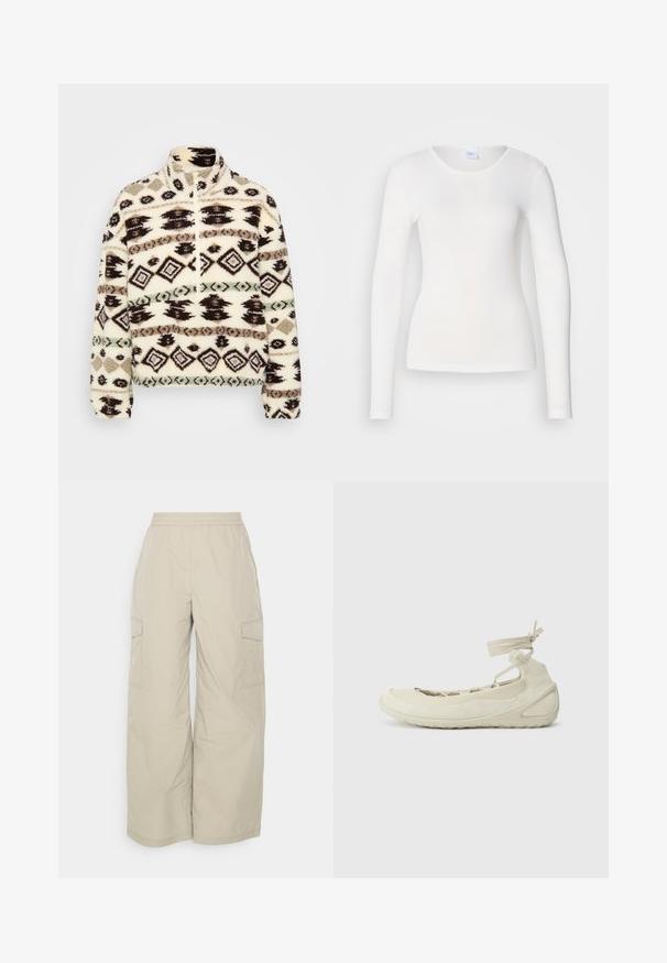 Fleece halv-zip pullover i crème, med geometriske mønstre i sort, brun og mint, med høj krave og ribbede manchetter.; Hvid langærmet skjorte lavet af et blødt, glat stof; har en rund halsudskæring og en tætsiddende facon uden mønstre eller pynt.; Beige cargo bukser lavet af let materiale, med elastisk bæltelinje, brede ben og sidelommer til opbevaring.; Lys beige ballet flats med rund tå, snørebånd om anklen, struktureret overflade og fleksibel såldesign. Velegnet til hverdag.