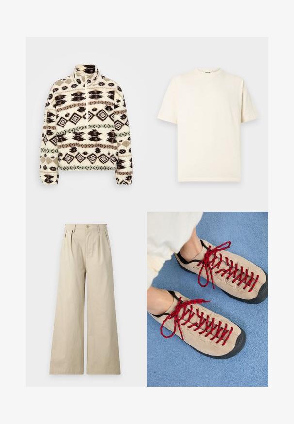 Fleece halv-zip pullover i crème, med geometriske mønstre i sort, brun og mint, med høj krave og ribbede manchetter.; Kremhvidt bomulds-T-shirt med korte ærmer, rund hals og lille logo foran. Simpelt design, blød tekstur og afslappet pasform.; Beige brede bukser lavet af bomuld, med plisseringer, knaplukning og sidelommer, samt en glat og blød tekstur.; Beige sko med røde snørebånd, placeret på en blå tekstureret overflade, delvist synliggørende en persons ankel. Skoene har et sporty design.