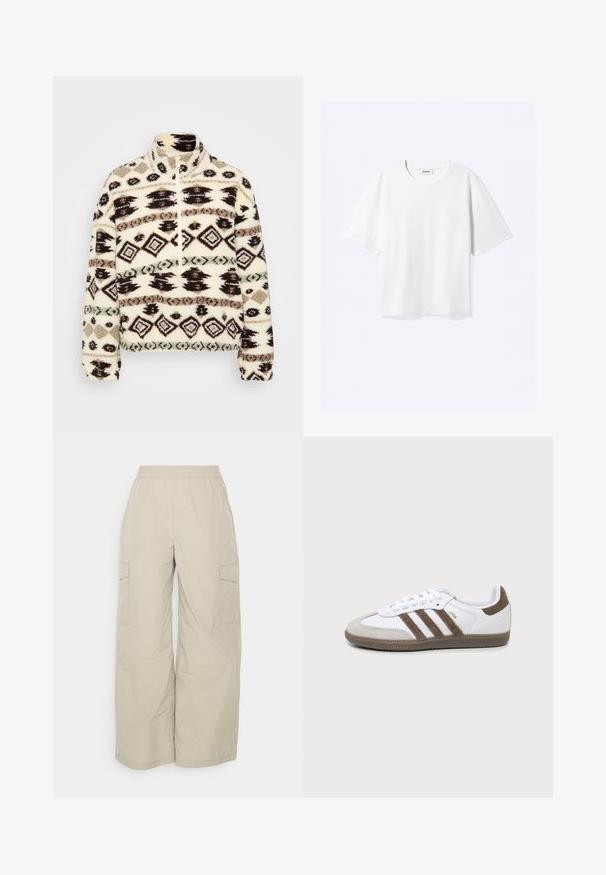 Sudadera de media cremallera de forro polar en crema, con patrones geométricos en negro, marrón y menta, un cuello alto y puños acanalados.; Camiseta blanca de manga corta con cuello redondo y dobladillo recto, con etiqueta de la marca "WEEKDAY" dentro del escote.; Pantalones cargo beige hechos de un material ligero, con una cinturilla elástica, piernas anchas y bolsillos laterales para almacenamiento.; Zapatilla Adidas Samba blanca y marrón con tres franjas marrones, cordones y suela texturizada mostrada de lado sobre un fondo liso.