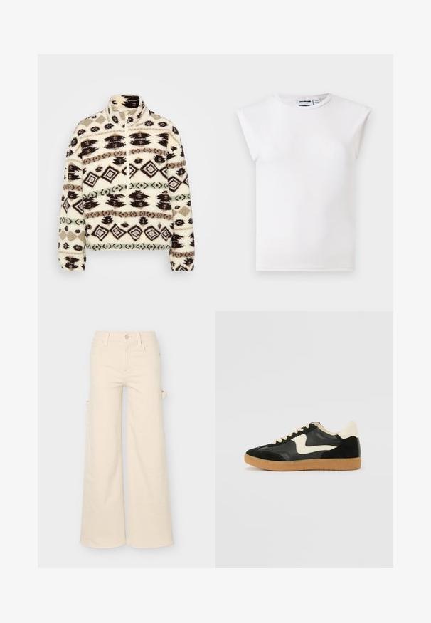Fleece halv-zip pullover i crème, med geometriske mønstre i sort, brun og mint, med høj krave og ribbede manchetter.; Hvid ærmeløs top med rund hals og polstrede skulderdetaljer, lavet af ensfarvet stof, vist på en neutral baggrund.; Beige bukser med vide ben med lommer foran og bagpå, bæltestropper, knaplukning og en sideløjfe detalje på en ensfarvet baggrund.; Sorte ruskinds- og lædersneakers med en cremefarvet side-swoosh og lys cremefarvet hæl. Har beige snørebånd og en gummirubber-sål.