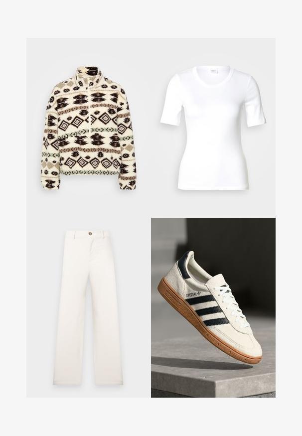 Fleece halv-zip pullover i crème, med geometriske mønstre i sort, brun og mint, med høj krave og ribbede manchetter.; Hvid T-shirt med korte ærmer lavet af glat bomuld, med rund halsudskæring og en tætsiddende pasform. Klassisk design uden mønstre eller detaljer.; Beige bukser med vide ben lavet af tekstureret stof. Har frontknaplukning og bæltestropper. Enkel, ren design uden mønstre.; Hvide ruskinds sneakers med marineblå striber, gummisål, struktureret overdel, rund tå og snøring; har branding på siden og tungen.