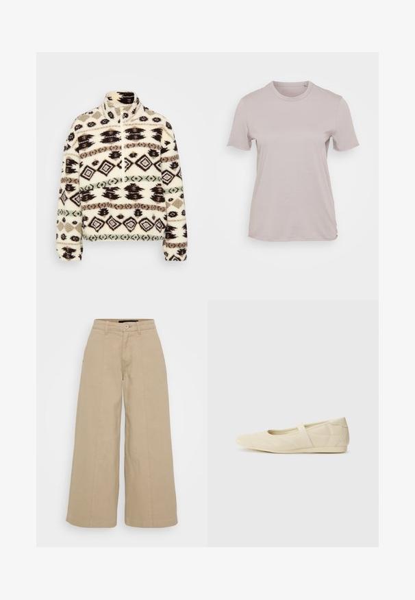 Sudadera de media cremallera de forro polar en crema, con patrones geométricos en negro, marrón y menta, un cuello alto y puños acanalados.; Camiseta de manga corta color beige claro, hecha de algodón, con un escote redondo y un corte relajado, de textura suave y sin patrones visibles.; Pantalones de pierna ancha beige hechos de una mezcla de algodón, con pliegues en el frente, cierre de botón y dos bolsillos laterales para mayor funcionalidad.; Bailarinas beige con un exterior de cuero liso, punta en forma de almendra y una correa elástica en el empeine, con detalles de costura sutiles.