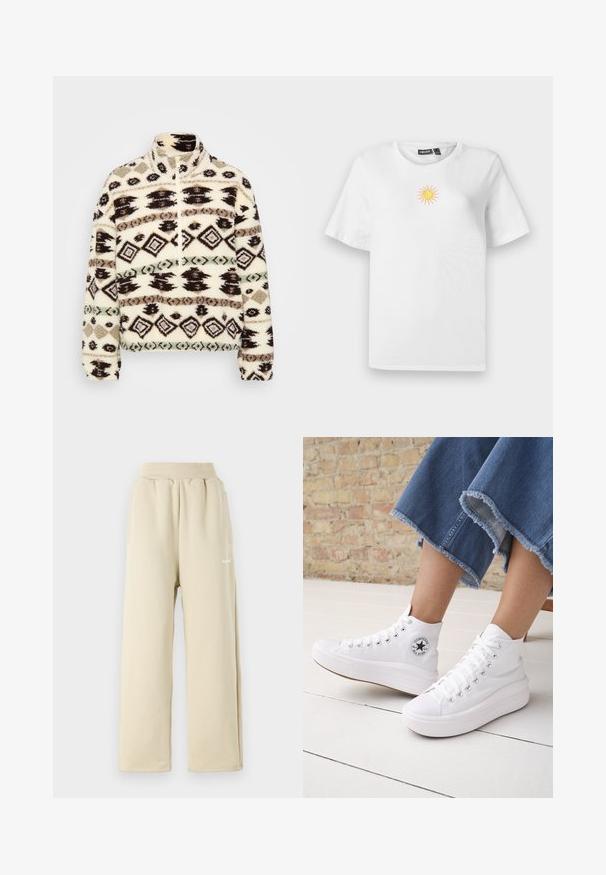 Fleece halv-zip pullover i crème, med geometriske mønstre i sort, brun og mint, med høj krave og ribbede manchetter.; Hvid bomulds T-shirt med korte ærmer, der har et lille, broderet design af en sol i gult og pink på brystet.; Beige brede sweatpants lavet af blødt stof, med elastisk talje, sidelommer og lille broderet logo detaljer.; Person iført hvide høje Converse-sneakers med tykke såler og beskårne blå jeans med flossede kanter mod en murstensvæg og hvidt gulv.