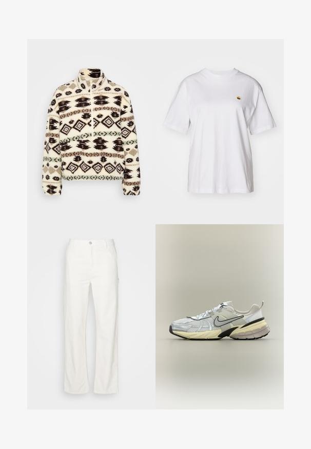Sudadera de media cremallera de forro polar en crema, con patrones geométricos en negro, marrón y menta, un cuello alto y puños acanalados.; Camisa de algodón blanca con corte relajado, mangas cortas y un pequeño logotipo bordado en el área del pecho izquierdo.; Pantalones rectos de algodón blanco con cierre frontal de botón, lazos para cinturón y bolsillos laterales. Textura suave sin patrones visibles.; Zapatilla Nike blanca y gris con parte superior de malla, logo swoosh negro, entresuela beige y suela negra sobre un fondo claro.