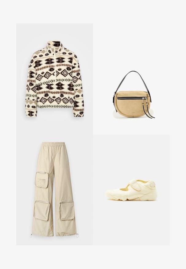 Fleece halv-zip pullover i crème, med geometriske mønstre i sort, brun og mint, med høj krave og ribbede manchetter.; Lys beige cargo bukser med bred bendesign, der har elastisk talje, flere lynlåslommer og snorelukninger ved håndleddene.; Beige sportssko med tyk sål, udskæringsdesign og to justerbare velcroremme på hvid baggrund.; Beige ruskind halv-måne håndtaske med sort justerbar rem og frontlomme med lynlås, der har to lange sorte og beige trækkoder.