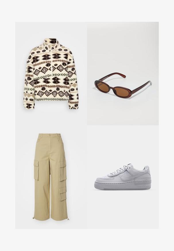 Sudadera de media cremallera de forro polar en crema, con patrones geométricos en negro, marrón y menta, un cuello alto y puños acanalados.; Pantalones cargo beige con piernas anchas, dos bolsillos laterales grandes, bolsillos frontales y un detalle de cordón en el dobladillo. Tejido de mezcla de algodón.; Zapatilla Nike Air Force 1 gris con puntera perforada, parte superior de cuero suave, suela gruesa y detalle en relieve 'AIR' en el talón.; Gafas de sol redondas con tinte marrón y un marco burdeos brillante. Patillas delgadas con un sutil detalle de marca. Diseño de lentes planos.