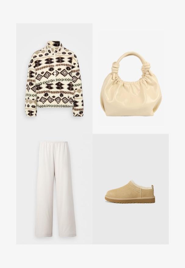 Fleece halv-zip pullover i crème, med geometriske mønstre i sort, brun og mint, med høj krave og ribbede manchetter.; Løse cremebeige bukser med elastisk linning og lige vide ben, vist på hvid baggrund.; Suede slip-on sko i lys tan, med en blød pelsforing og tekstureret gummisål med en let hæl og bagestrop for nem påklædning.; Kremfarvet blød læderhåndtaske med opsamlet top og sammenknyttede dobbelthåndtag på hvid baggrund.