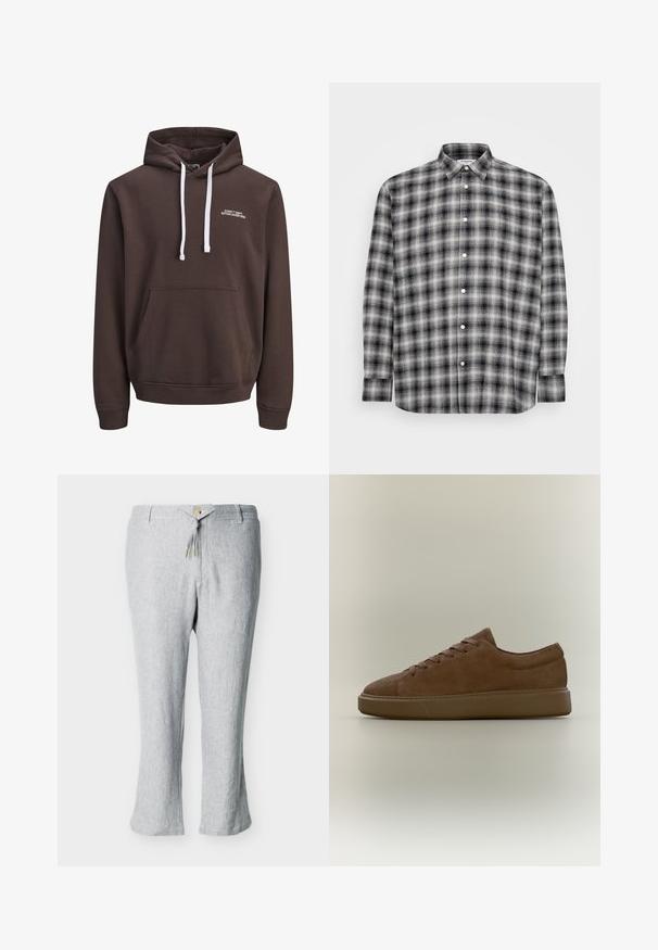 Ruskea huppu sweatshirt valkoisilla nyöreillä, edessä kengurutasku ja pieni valkoinen teksti "CORE™ DEPT. ESTABLISHED 1990" rinnassa.; Musta-valkoinen ruudullinen pitkähihainen nappikauluspaita, esitettynä litteänä vaaleanharmaalla taustalla.; Vaaleanharmaat pellavasekoitehousut, joissa suorat lahkeet, nyöritys vyötäröllä, vyölenkit ja nappikiinnitys edessä.; Ruskea mokkanahkainen matalakärkinen lenkkikenkä, jossa on nauhat ja paksu kumipohja, esitetty sivuprofiilissa neutraalilla taustalla.