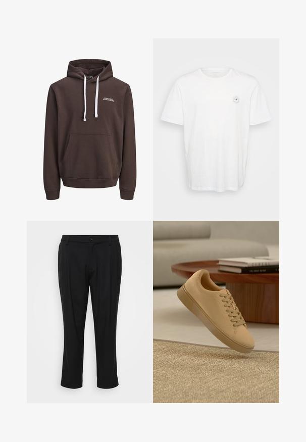 Brun hætte sweatshirt med hvide snore, frontlomme i kangaroo-stil og lille hvid tekst "CORE™ DEPT. ETABLERET 1990" på brystet.; Hvid bomulds t-shirt med rund halsudskæring og korte ærmer. Bemærkelsesværdigt grafisk design af et øje omgivet af stråler på venstre bryst.; Sorte skræddersyede bukser med lige bendesign. Fremstillet af et glat stof, med knaplukning og to forlommer.; Beige snørestøvler, der svæver over et tekstureret tæppe med et træ sofabord og stablede bøger i en sløret baggrund.