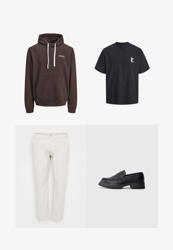 Brun hætte sweatshirt med hvide snore, frontlomme i kangaroo-stil og lille hvid tekst "CORE™ DEPT. ETABLERET 1990" på brystet.; Sort kortærmet t-shirt med rund hals og et lille hvidt blomsterdesign samt tekst på venstre bryst.; Hvide bomulds chinos med standard talje, lige ben, forlommer og enkelt knaplukning. Blød tekstur, minimalistisk stil.; Sorte læder loafers med en rund tå, prydet med en dekorativ rem og en kraftig gummisål med dybe riller for grip.