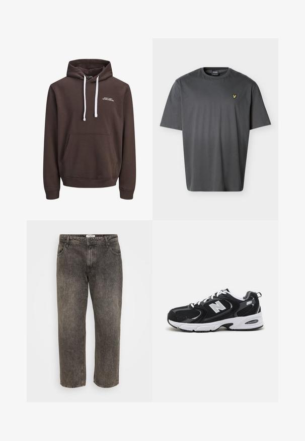 Brun hætte sweatshirt med hvide snore, frontlomme i kangaroo-stil og lille hvid tekst "CORE™ DEPT. ETABLERET 1990" på brystet.; Mørkegrå T-shirt med korte ærmer og rund hals, med lille gul fuglelogo på venstre bryst, vist på en hvid baggrund.; Sorte falmede jeans med lige ben, foran knap- og lynlås-lukning, forlommer og bæltestropper.; Sorte og grå sportssko med mesh og ruskind på overdelen, der har en hvid mellemsål, snørebånd og et iøjnefaldende "N" logo på siden.