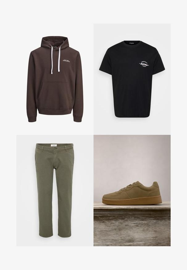 Brun hætte sweatshirt med hvide snore, frontlomme i kangaroo-stil og lille hvid tekst "CORE™ DEPT. ETABLERET 1990" på brystet.; Sort bomulds-T-shirt med rund hals, korte ærmer og et hvidt trykt logo på venstre bryst. Klassisk pasform og glat tekstur.; Olivengrønne chinos med lige pasform, lavet af bomuld med let struktur, med knaplukning og bæltestropper.; Olivengrøn sneaker med snørebånd, der svæver over en træbænk, med sløret grønt løv i baggrunden.