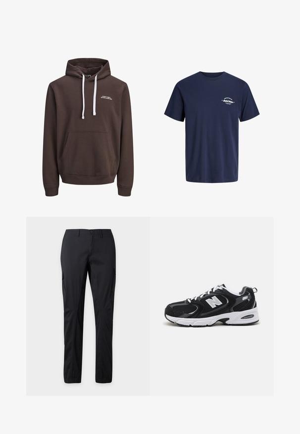 Brun hætte sweatshirt med hvide snore, frontlomme i kangaroo-stil og lille hvid tekst "CORE™ DEPT. ETABLERET 1990" på brystet.; Mørkeblå t-shirt med korte ærmer og rund hals med lille hvid tekst "Definition of Jack & Jones" på venstre bryst.; Sorte cargo-bukser med lige ben, knaplukning, bæltestropper, sidelommer med klap og elastiske kanter mod en lys baggrund.; Sorte og grå sportssko med mesh og ruskind på overdelen, der har en hvid mellemsål, snørebånd og et iøjnefaldende "N" logo på siden.