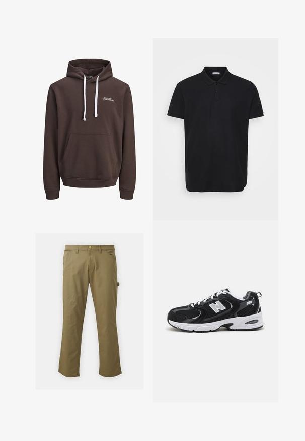 Brun hætte sweatshirt med hvide snore, frontlomme i kangaroo-stil og lille hvid tekst "CORE™ DEPT. ETABLERET 1990" på brystet.; Sort polo shirt i ribbet tekstur, med klassisk krave, tre-knaps stolpe og diskret logo accent på venstre bryst.; Kaki bukser lavet af glat stof, med knaplukning, bæltestropper, to forlommer og en sidelomme, i lige ben design.; Sorte og grå sportssko med mesh og ruskind på overdelen, der har en hvid mellemsål, snørebånd og et iøjnefaldende "N" logo på siden.