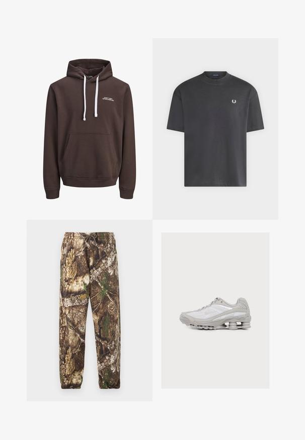 Ruskea huppu sweatshirt valkoisilla nyöreillä, edessä kengurutasku ja pieni valkoinen teksti "CORE™ DEPT. ESTABLISHED 1990" rinnassa.; Musta lyhythihainen pyöreäkauluksinen T-paita, jossa vasemmassa rintapielessä pieni valkoinen laakerinlehtilogo.; Camo-housut ruskealla ja vihreällä luonnollisella kuviolla, jossa on elastinen vyötärö ja nyöritys sekä elastiset hihnat nilkoissa.; Vaaleanharmaa ja valkoinen urheilukenkä, jossa näkyvä jousimainen pehmustus pohjassa ja verkkokankainen päälliosa.