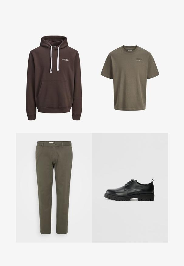 Brun hætte sweatshirt med hvide snore, frontlomme i kangaroo-stil og lille hvid tekst "CORE™ DEPT. ETABLERET 1990" på brystet.; Taupe kortærmet bomulds t-shirt med rund halsudskæring og lille trykt tekst på venstre bryst.; Olivenfarvede bukser lavet af en bomuldsblanding. Lige ben design med flad front, knaplukning og bæltestropper. Glat tekstur.; Sort læder sko med en rund tå, der har snørelukning, solid sort gummisål og en lille hælflap bagpå.