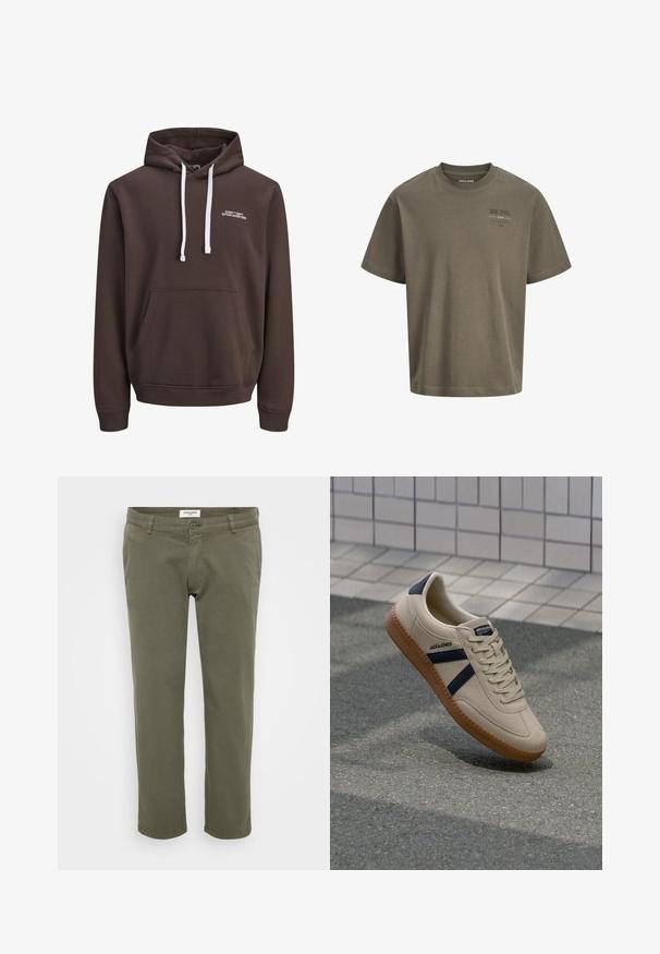 Brun hætte sweatshirt med hvide snore, frontlomme i kangaroo-stil og lille hvid tekst "CORE™ DEPT. ETABLERET 1990" på brystet.; Taupe kortærmet bomulds t-shirt med rund halsudskæring og lille trykt tekst på venstre bryst.; Olivengrønne chinos med lige pasform, lavet af bomuld med let struktur, med knaplukning og bæltestropper.; Beige sneaker med struktureret overflade, marineblå striber og gummisål. Har en polstret tunge og traditionelt snørresystem for en sikker pasform.