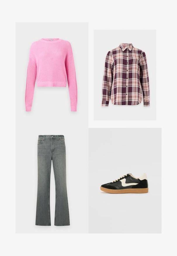 Pull court en tricot rose avec manches longues, texture côtelée et col rond. Le tissu présente un tissage fin et une finition douce.; Chemise à manches longues boutonnée avec motif à carreaux violet, rose et marron et col pointu sur fond blanc.; Jeans en denim gris taille haute à coupe droite, avec fermeture à bouton et zip, poches avant et passants de ceinture.; Baskets en daim et cuir noir avec un swoosh latéral crème et un talon crème clair. Dotées de lacets beige et d'une semelle en caoutchouc gomme.