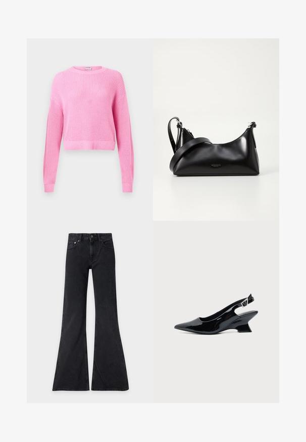 Pull court en tricot rose avec manches longues, texture côtelée et col rond. Le tissu présente un tissage fin et une finition douce.; Jean noir taille haute avec jambes larges évasées, bouton devant, fermeture éclair et design à cinq poches sur un fond clair uni.; Chaussure slingback en cuir verni noir avec bout pointu et petit talon bloc incliné sur fond clair uni.; Sac à main en cuir noir avec une texture lisse. Dispose d'une bandoulière adjustable et d'un design élégant et minimaliste avec une fermeture éclair.