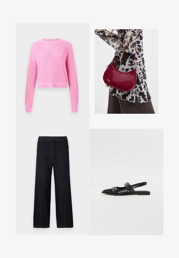 Pull court en tricot rose avec manches longues, texture côtelée et col rond. Le tissu présente un tissage fin et une finition douce.; Pantalon en denim foncé à jambes larges, doté d'une taille élastique avec cordon de serrage, de coutures orange contrastantes et de lignes droites et épurées.; Even&Odd by Zalando Ballerines à brides arrière - black; Femme portant un chemisier à motif noir et blanc tenant un sac à main rouge brillant sur un fond uni.