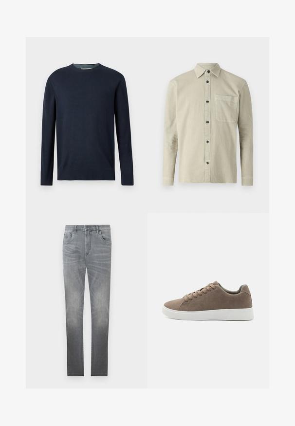 Marineblauwe crewneck trui met lange mouwen en geribde manchetten en zoom, weergegeven tegen een effen lichte achtergrond.; Langsleeve blouse in lichtbeige stof. Heeft een puntige kraag, een borstzak en zwarte knopen. Eenvoudig, gestructureerd ontwerp.; Grijze denimjeans met een vervaagd ontwerp, vijf-pocket stijl, knoopsluiting en rechte pijpen. Glad textuur met lichte slijtage aan de randen.; Bruine suède sneakers met platte witte rubberen zolen, vetersluiting, ronde neus en een gladde textuur. Minimalistische stijl met subtiele stikdetails.