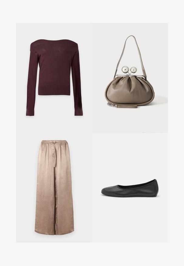Pull moulant marron foncé à épaules dénudées, manches longues, avec poignets et ourlet côtelés sur un fond clair uni.; Pantalon large en satin beige avec taille élastique et cordon, présentant un subtil éclat texturé.; Ballerines en cuir noir avec un bout rond, texture lisse, détails de couture minimalistes et design de semelle flexible.; Sac à main en cuir gris de forme arrondie, fermeture supérieure avec deux grandes sphères argentées, et une seule anse.