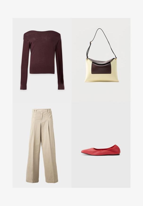 Pull moulant marron foncé à épaules dénudées, manches longues, avec poignets et ourlet côtelés sur un fond clair uni.; Pantalon beige taille haute à jambes larges avec passants de ceinture, plis à l’avant et poches latérales, présenté sur un fond clair uni.; Filippa K REY FLATS - Ballerines - bright red; Sac à bandoulière en cuir crème et marron foncé avec rabat incurvé et sangle noire ajustable sur fond blanc.