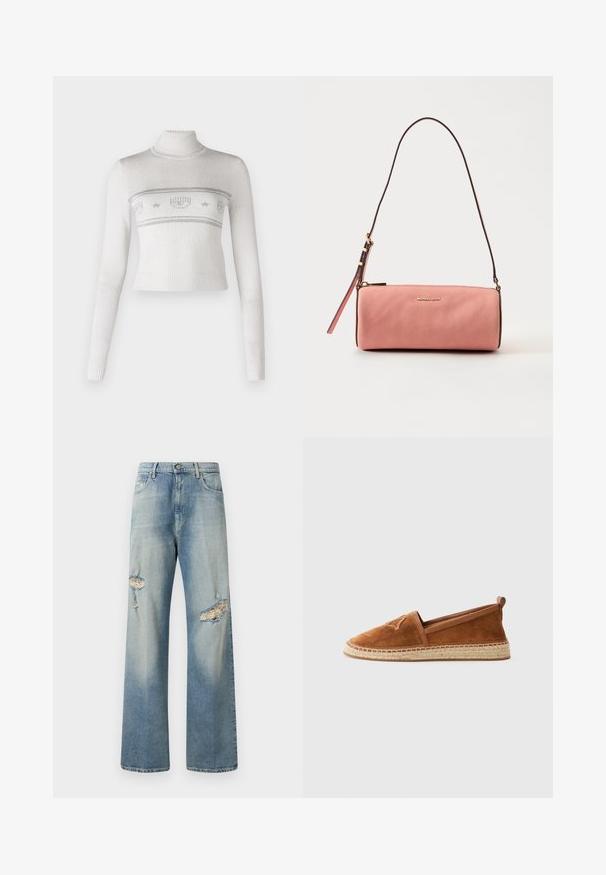 Pull blanc cropped avec un col montant, présentant des motifs en laine argentée et une texture côtelée au niveau de l'ourlet et des poignets.; Jeans en denim bleu clair à jambes larges avec des déchirures sur le devant, fermeture à bouton et design classique à cinq poches. Texture douce.; Espadrilles en suède marron avec un bout rond, des côtés élastiques et une semelle en jute tissée. Présente des détails de logo subtils sur le dessus.; Sac à bandoulière en cuir texturé rose avec fermeture éclair dorée et bandoulière réglable, avec petit logo doré "Michael Kors" sur le devant.